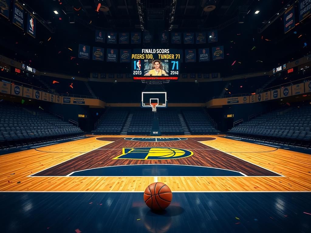 Flick International Dramatic scene of an empty basketball court featuring the Indiana Pacers' colors and logo