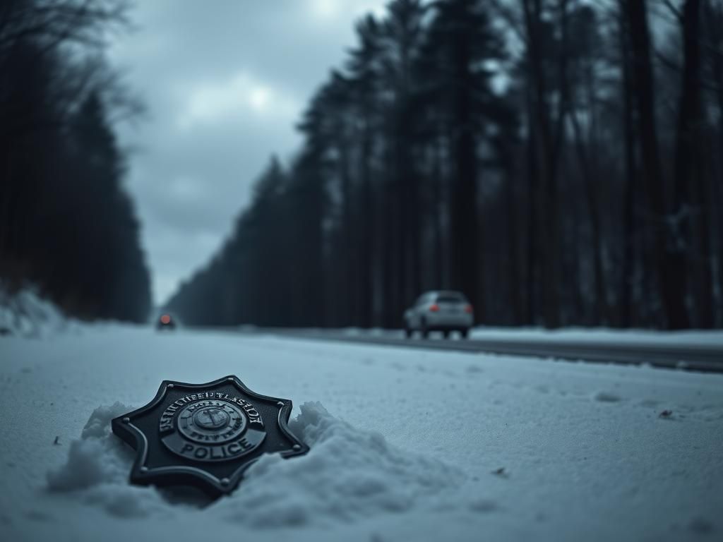 Flick International Abandoned police badge in snow-covered Massachusetts landscape