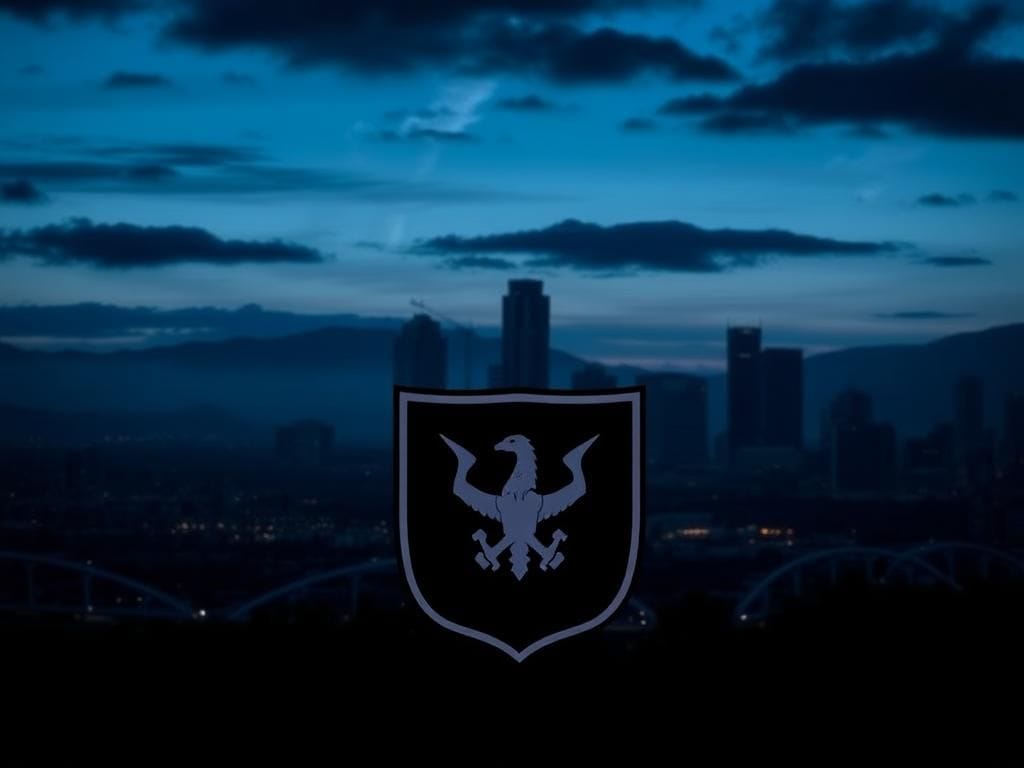 Flick International National Guard emblem against Los Angeles skyline at dusk