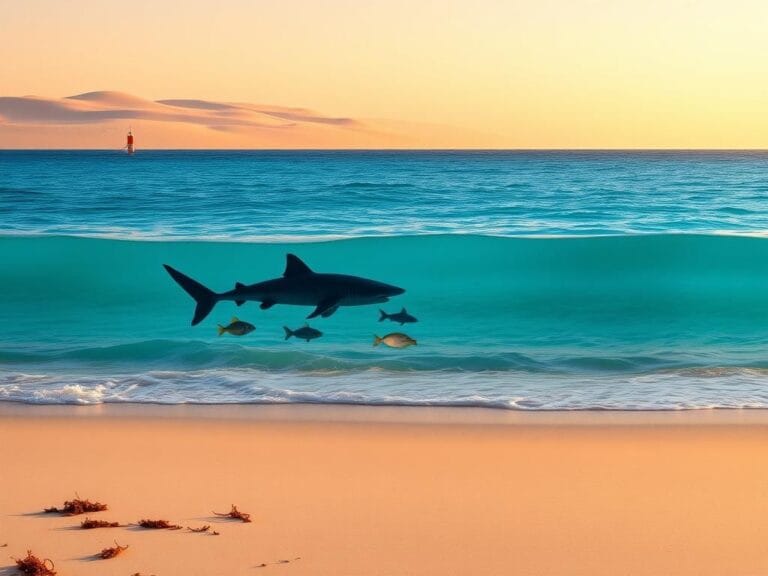 Flick International Serene beach scene at sunrise with shadows of seaweed and fins of sharks swimming beneath the surface