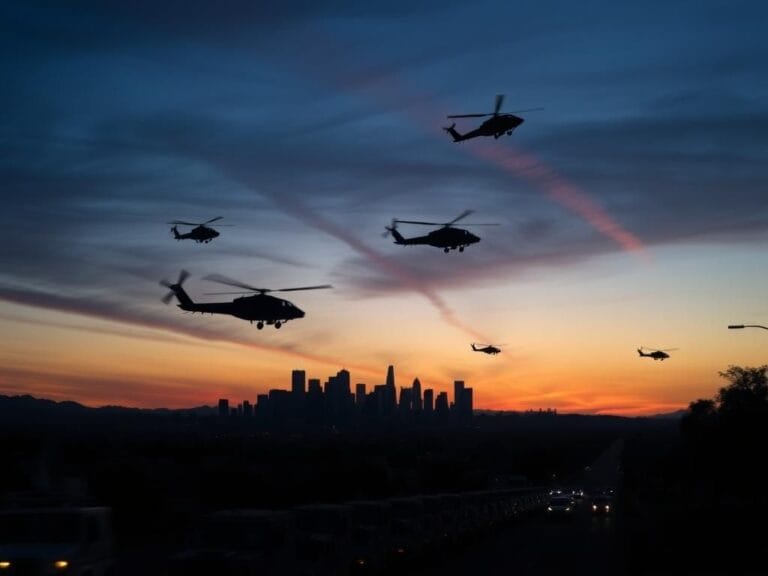 Flick International A dramatic sunset view of Los Angeles with military helicopters and National Guard vehicles