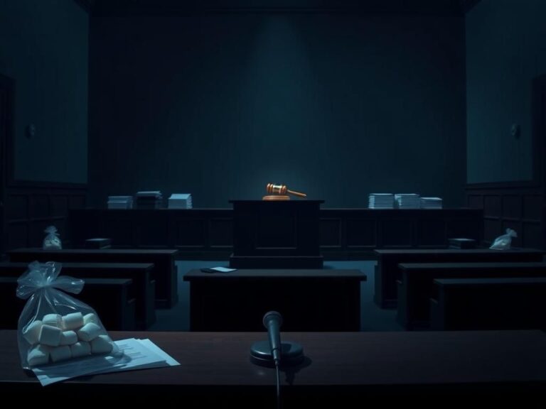 Flick International A dimly lit courtroom with shadows and an empty witness stand symbolizing secrecy