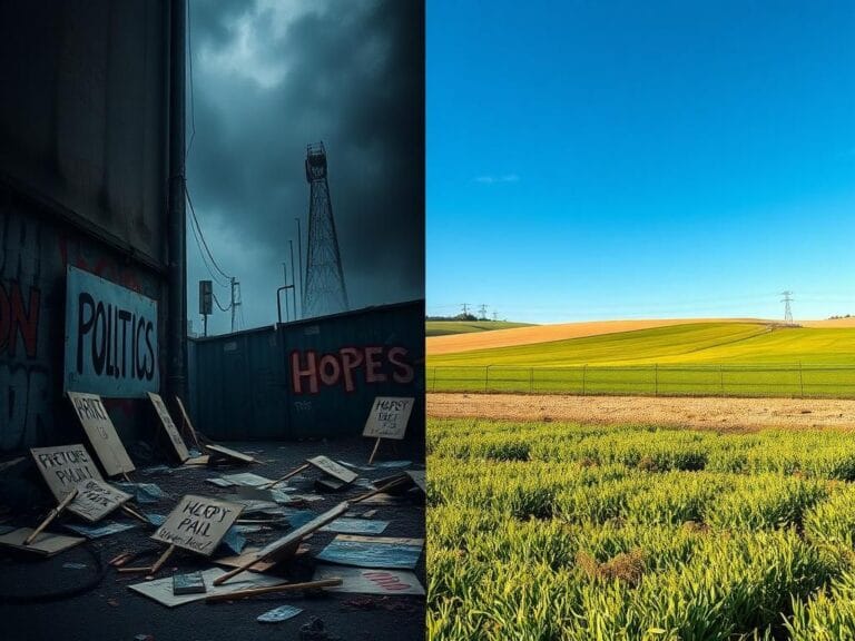 Flick International A split-scene image contrasting a chaotic urban environment with a serene landscape