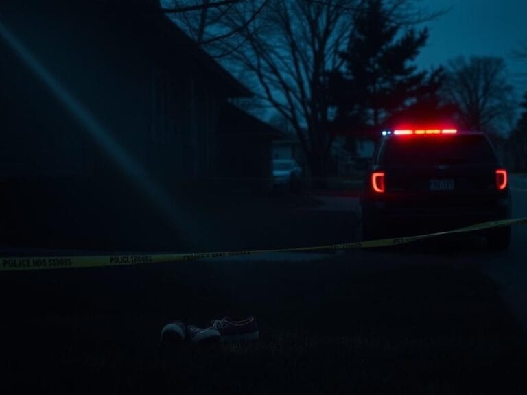 Flick International A dark, somber scene of a suburban neighborhood in Minnesota after a violent incident, highlighting an empty porch and police flashlight beam.