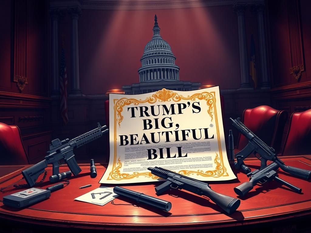 Flick International Ornate bill titled 'Trump's Big, Beautiful Bill' with firearms on a wooden desk