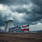 Flick International Ominous nuclear facility with cooling towers symbolizing Iran's uranium enrichment tensions
