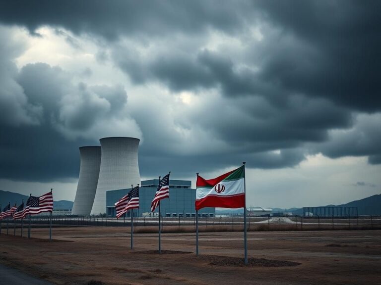Flick International Ominous nuclear facility with cooling towers symbolizing Iran's uranium enrichment tensions