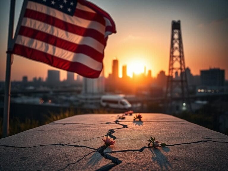 Flick International Large, weathered American flag waving in front of the Los Angeles skyline at dusk