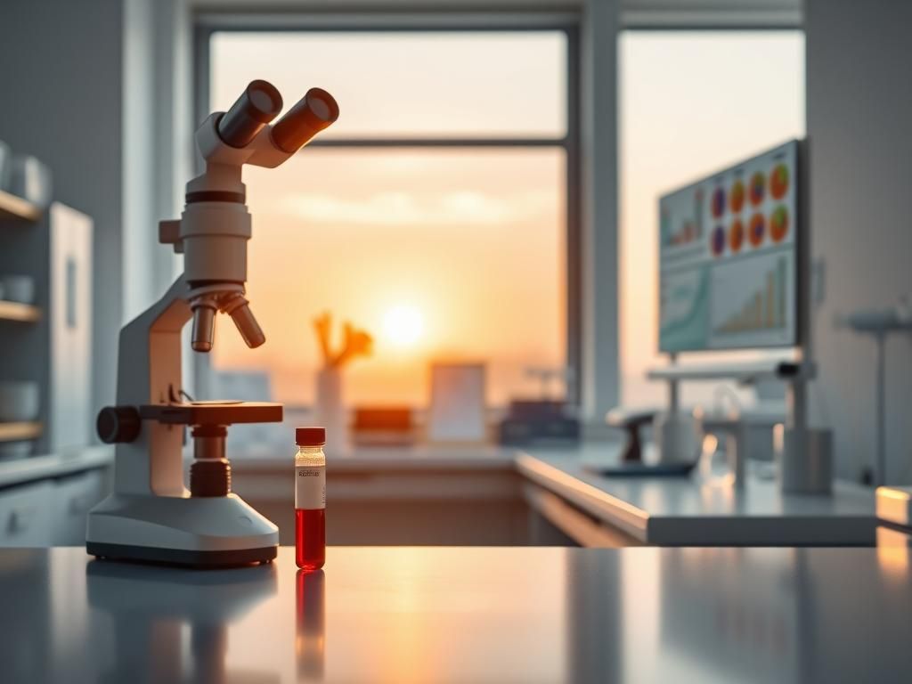 Flick International A serene laboratory setting focused on Alzheimer’s research with advanced medical equipment and a blood sample vial.