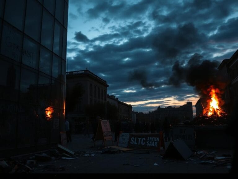 Flick International Shattered glass window and graffiti from a protest aftermath