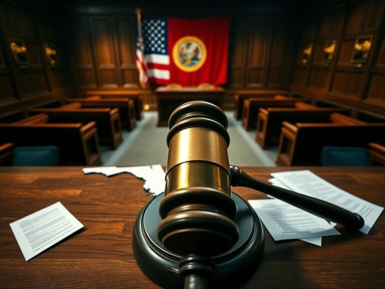 Flick International High-angle view of a courtroom gavel symbolizing justice amid a legal battle over immigration laws in Florida.