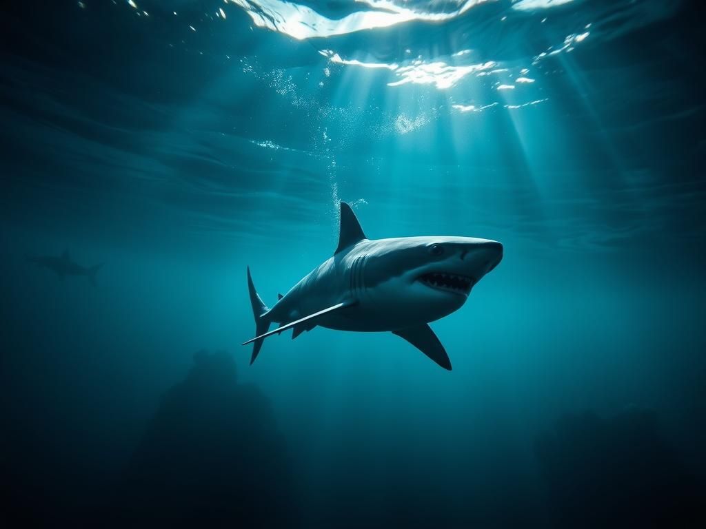 Flick International Great white shark swimming just beneath the ocean's surface