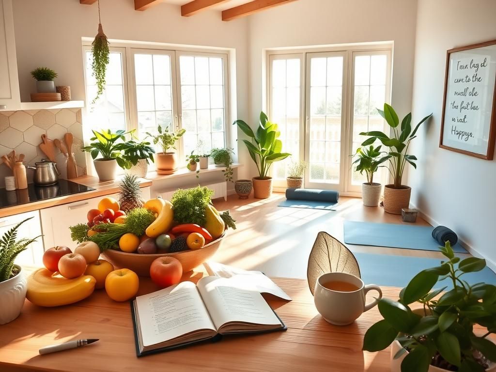 Flick International A serene kitchen scene showcasing vibrant fruits and vegetables for wellness