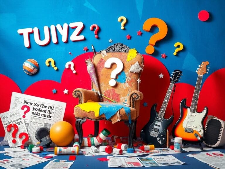 Flick International Colorful collage representing news trivia with a trivia board, a shattered Van Gogh chair, guitar, and microphone