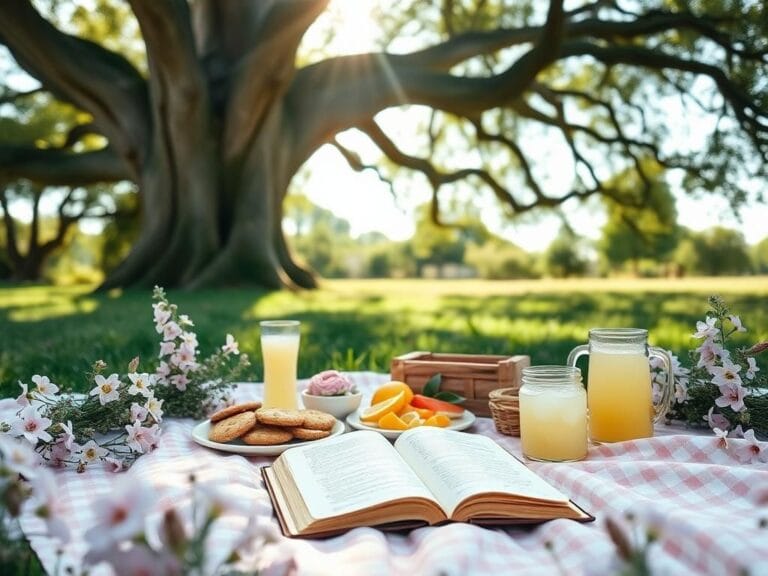 Flick International A serene outdoor picnic setup featuring a blanket, homemade cookies, and an open Bible, surrounded by wildflowers.