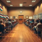 Flick International Wide-angle view of a chaotic school board meeting with protest signs and flags representing opposing views on trans athletes in girls' sports