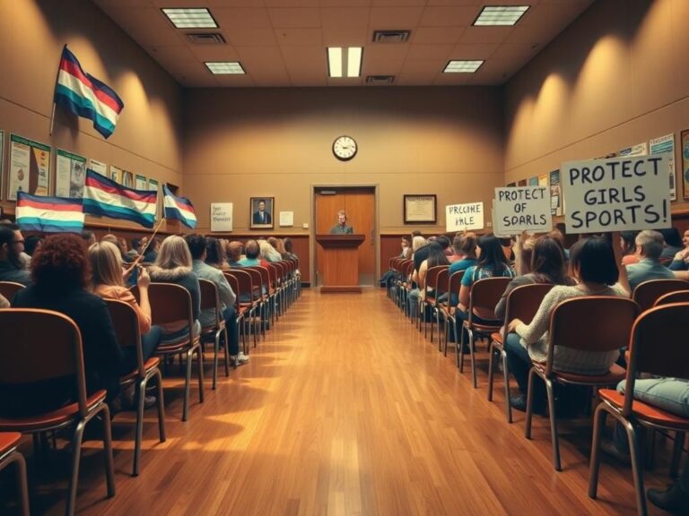 Flick International Wide-angle view of a chaotic school board meeting with protest signs and flags representing opposing views on trans athletes in girls' sports