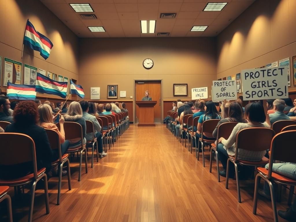Flick International Wide-angle view of a chaotic school board meeting with protest signs and flags representing opposing views on trans athletes in girls' sports