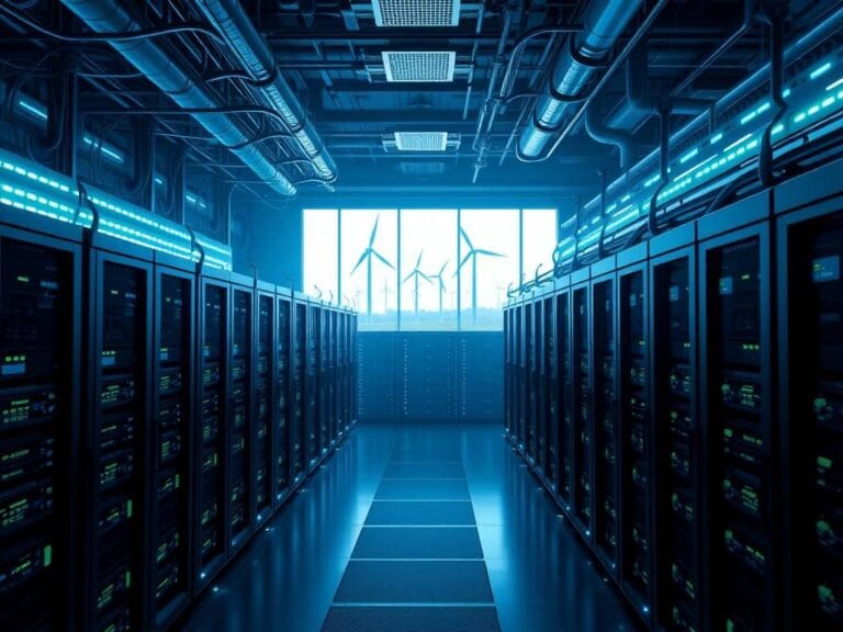 Flick International Interior of a high-tech data center with powerful servers and GPUs illuminated in blue and green.