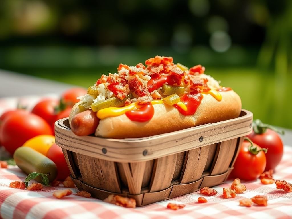 Flick International Close-up of a gourmet hot dog topped with mustard, ketchup, relish, sauerkraut, and bacon bits in a rustic wooden basket