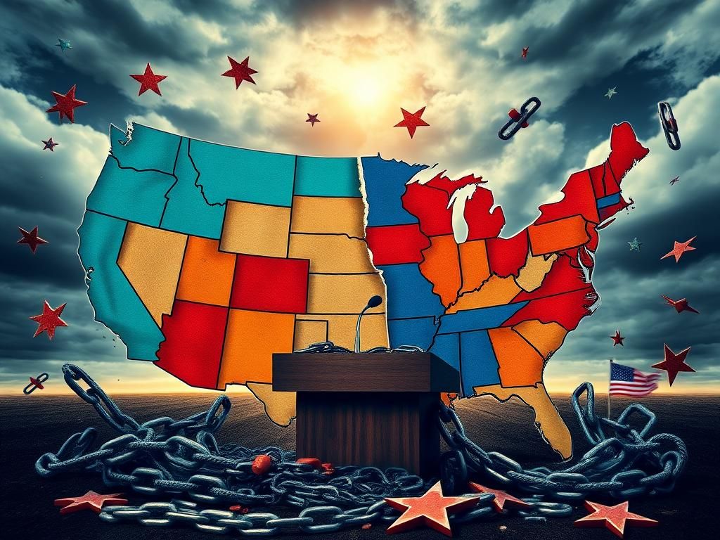 Flick International Dynamic representation of a divided political landscape illustrating the Democratic and Republican states in contrasting colors