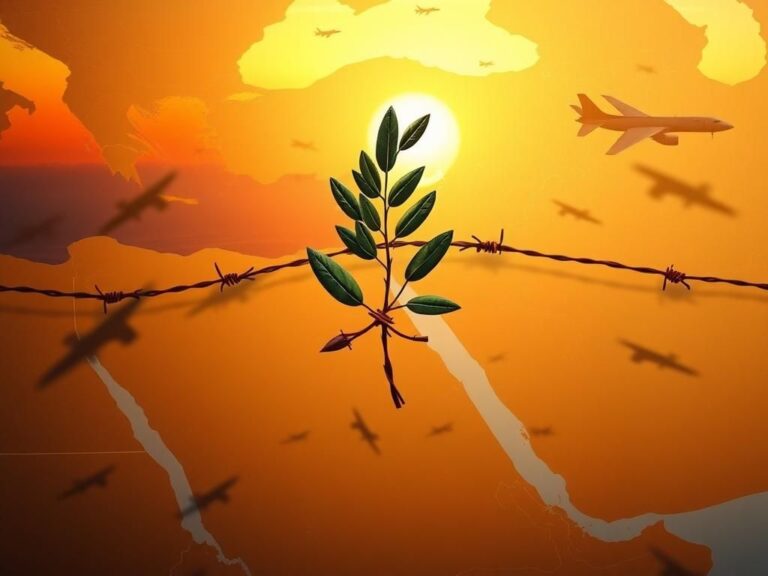 Flick International Map of the Middle East with olive branch and barbed wire representing diplomacy and conflict