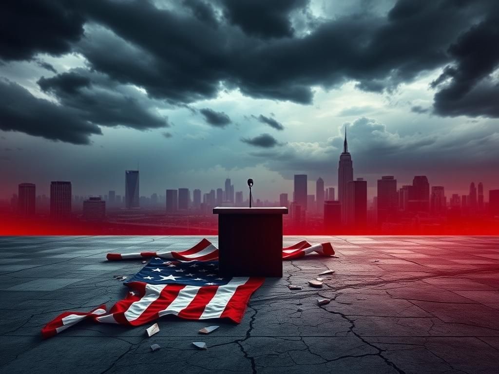 Flick International Dark and stormy skyline symbolizing political turmoil with a shattered American flag foreground