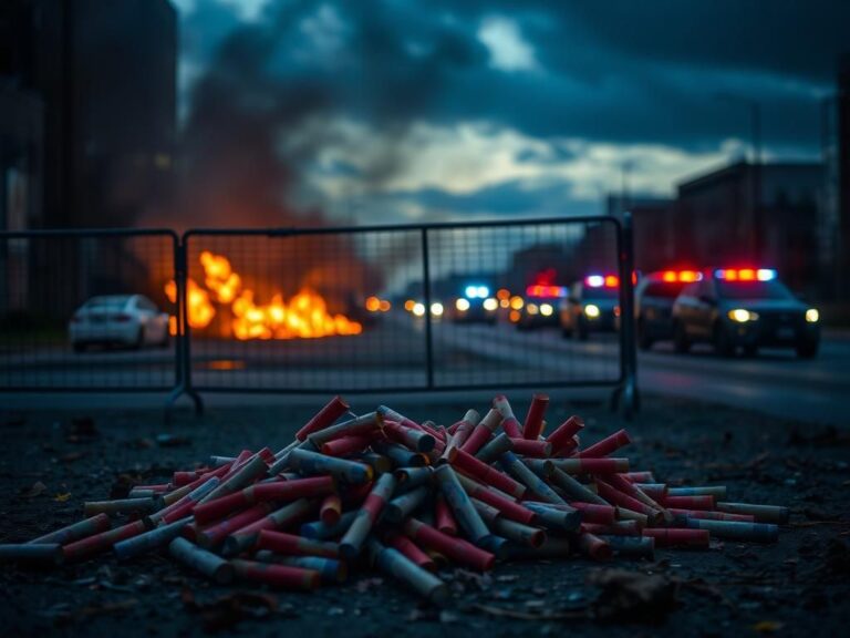 Flick International Urban scene depicting a police barricade amid chaos during LA riots with unused fireworks scattered on the ground