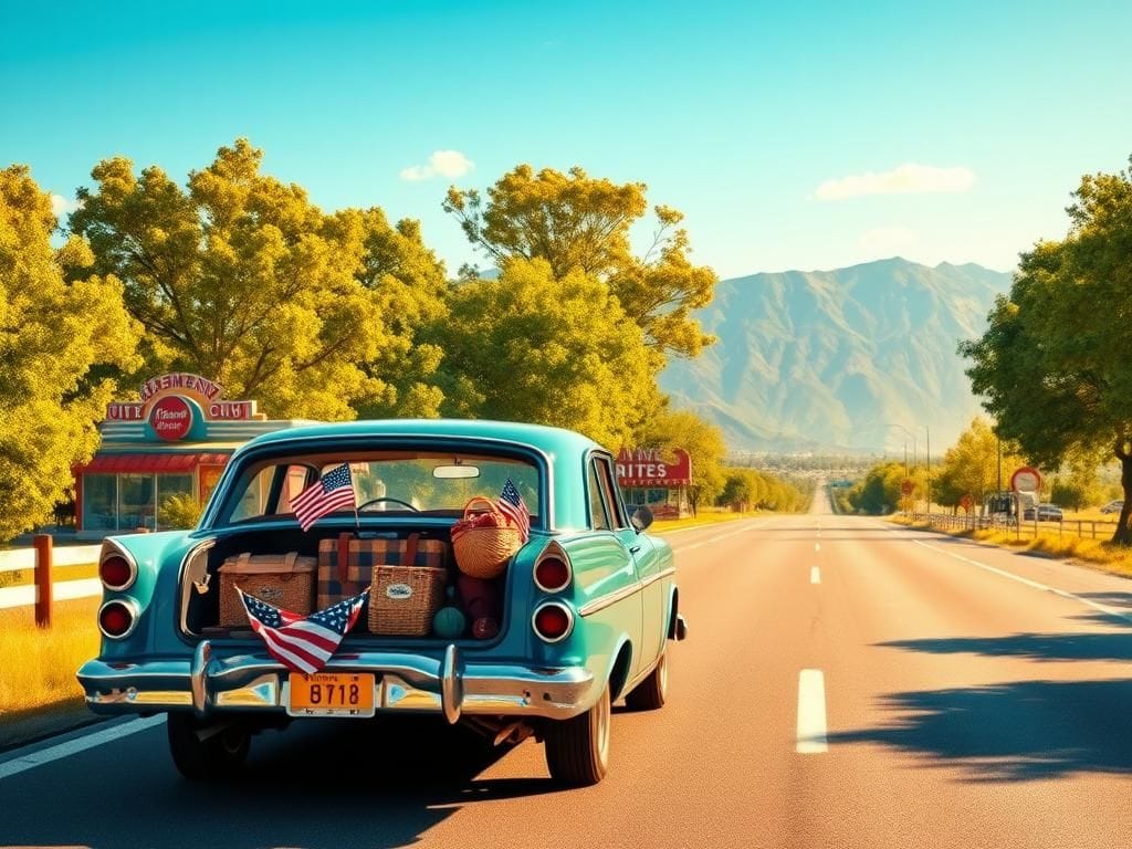 Flick International Classic vintage car on a scenic highway ready for a summer road trip