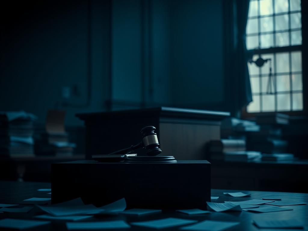 Flick International Dark courtroom scene with empty jury box and gavel on wooden bench