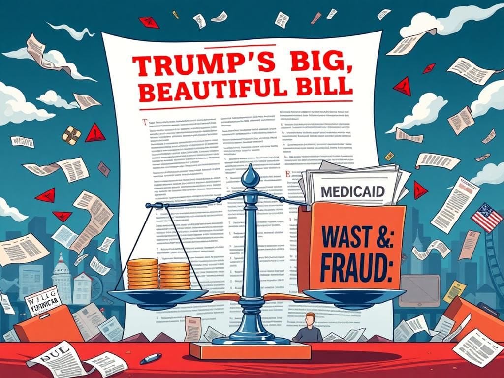 Flick International Illustration of Trump's 'big, beautiful bill' with scales balancing coins and a Medicaid folder
