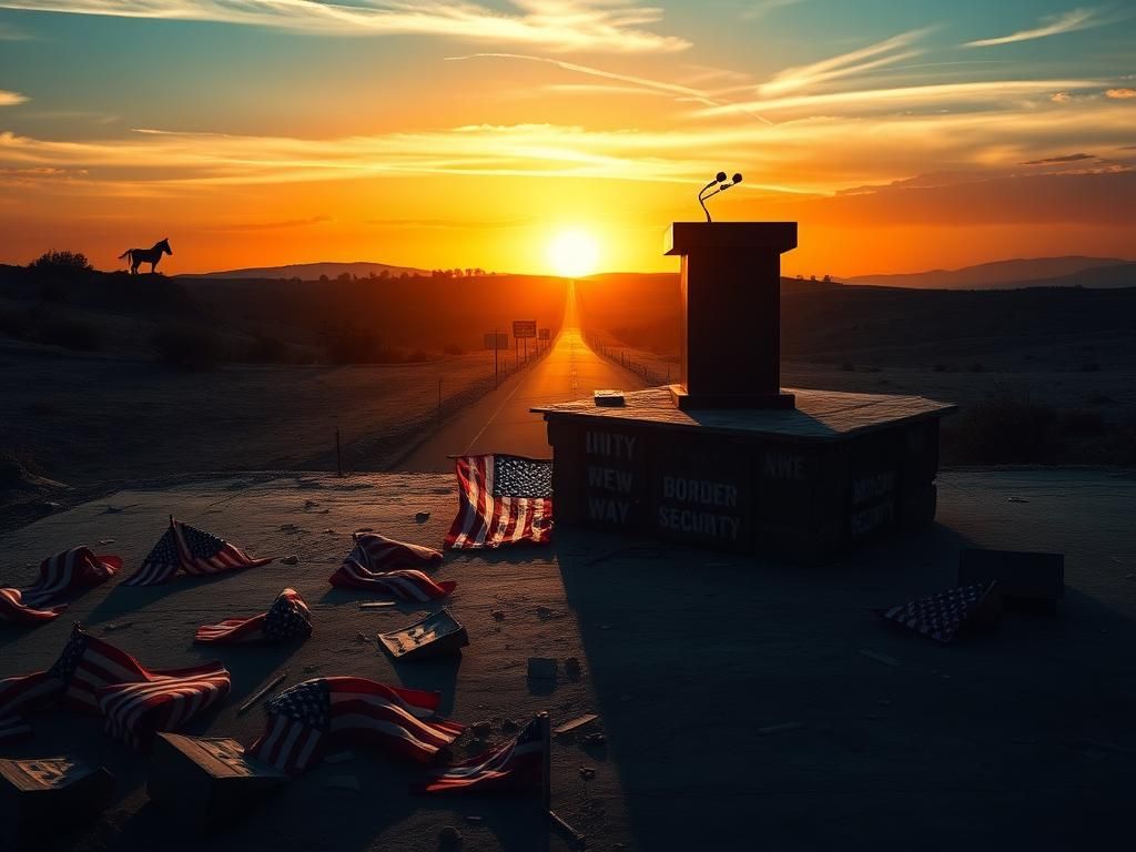 Flick International Symbolic representation of a crumbling political landscape with a weathered podium and American flags
