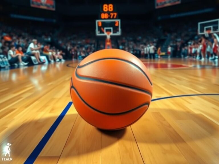 Flick International Close-up of a vibrant orange and blue basketball on a polished wooden court