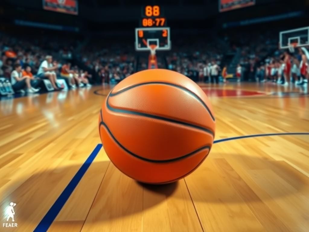 Flick International Close-up of a vibrant orange and blue basketball on a polished wooden court