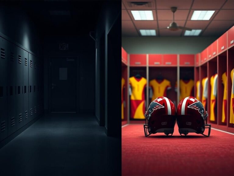 Flick International A dramatic split image illustrating contrasting scenes of an NFL team's facility and locker room, symbolizing secrecy and injustice.