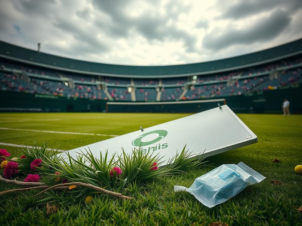 Flick International Dramatic scene of a grass tennis court with a fallen advertising board and an ice pack on the ground.