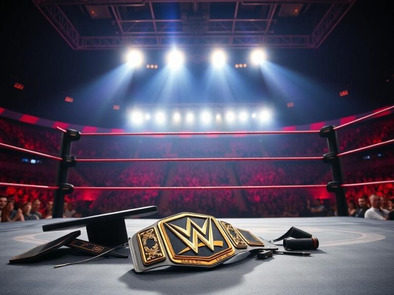 Flick International A dramatic wrestling ring in a vibrant arena with cheering crowds and bright overhead lights.