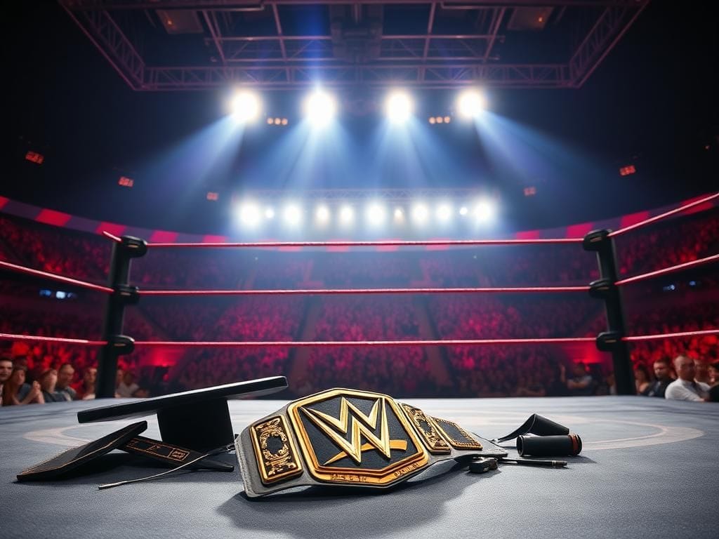 Flick International A dramatic wrestling ring in a vibrant arena with cheering crowds and bright overhead lights.