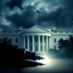 Flick International Abstract representation of a government building symbolizing the White House with shadows and swirling clouds