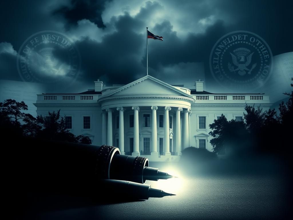 Flick International Abstract representation of a government building symbolizing the White House with shadows and swirling clouds