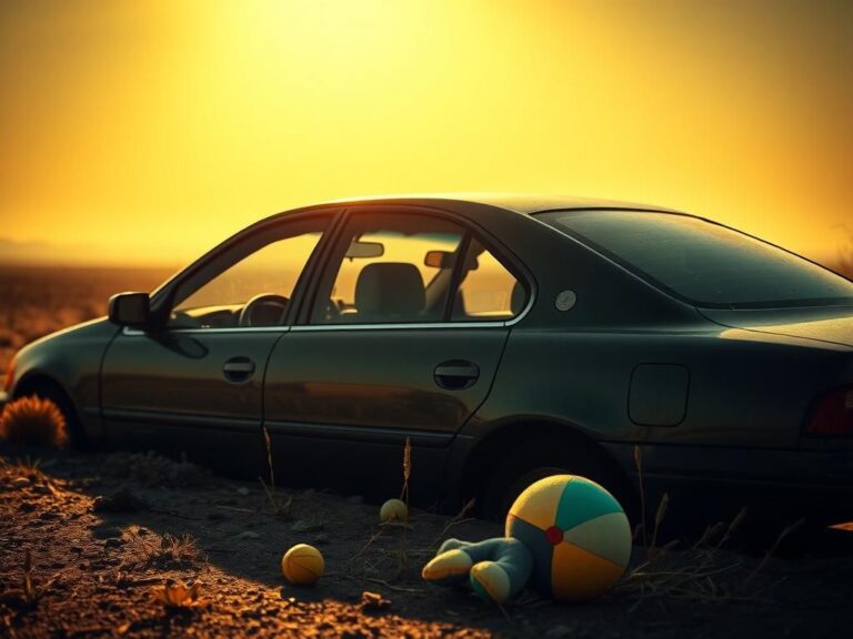 Flick International A parked car under the scorching sun with heat distortion, surrounded by a dry landscape and a child's toy in the foreground