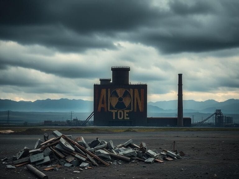 Flick International Dramatic silhouette of a rusted nuclear facility under an overcast sky with debris in the foreground