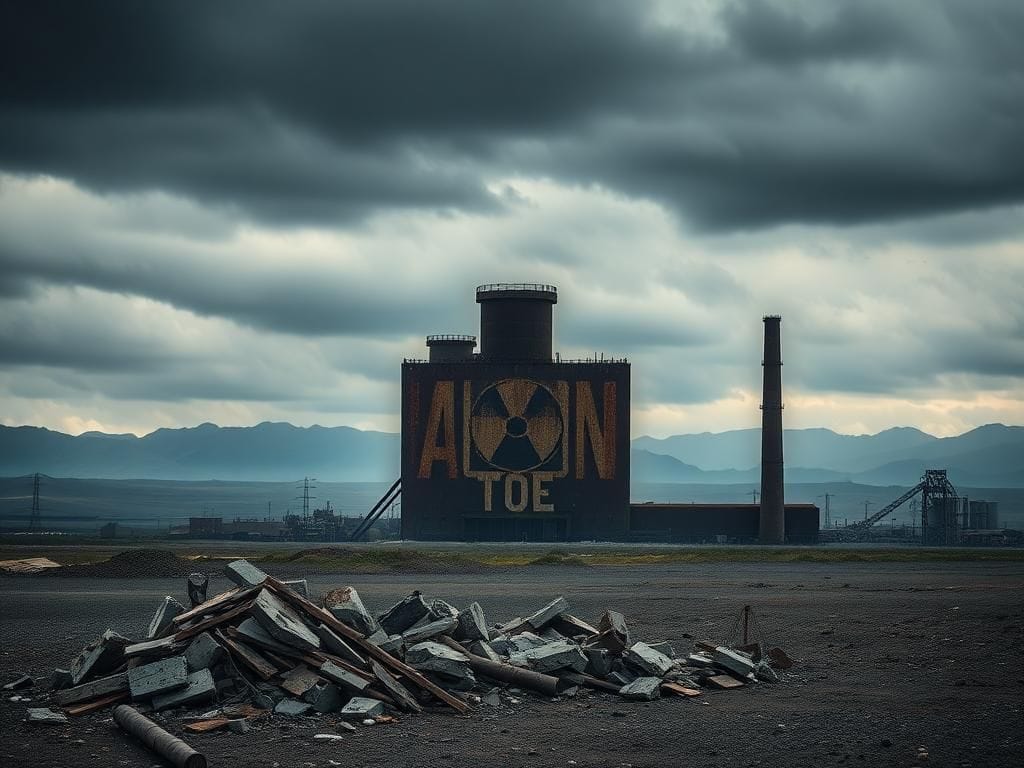 Flick International Dramatic silhouette of a rusted nuclear facility under an overcast sky with debris in the foreground