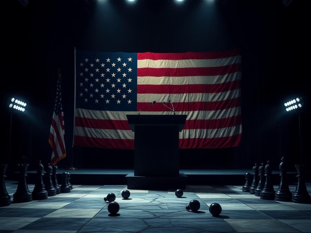 Flick International Dimly lit debate stage with a large, weathered podium, shadowy microphones, and a faded American flag