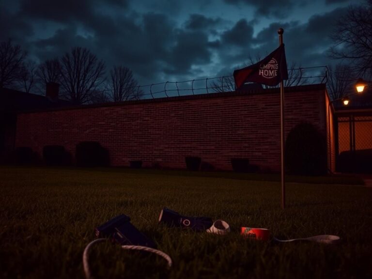 Flick International A suburban neighborhood at dusk with a tall brick wall topped with barbed wire and shadows hinting at restraint tools.