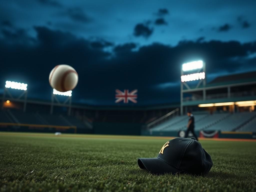Flick International Dramatic scene of a baseball field at twilight during a tense moment with a blurred baseball representing a recent conflict.