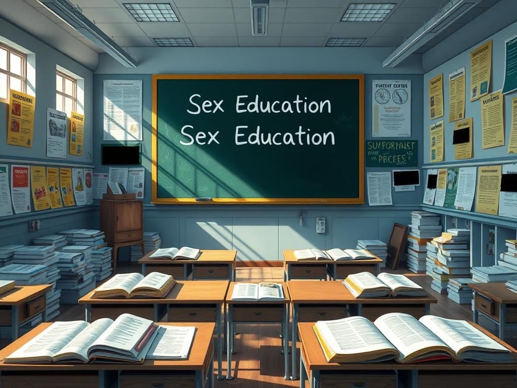 Flick International Classroom setting illustrating sex education with a focus on textbooks and a chalkboard labeled 'Sex Education'