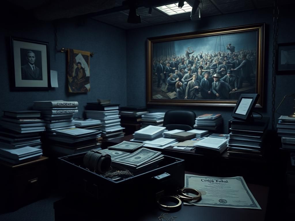 Flick International dark underground office with legal documents and cash representing drug trafficking extortion