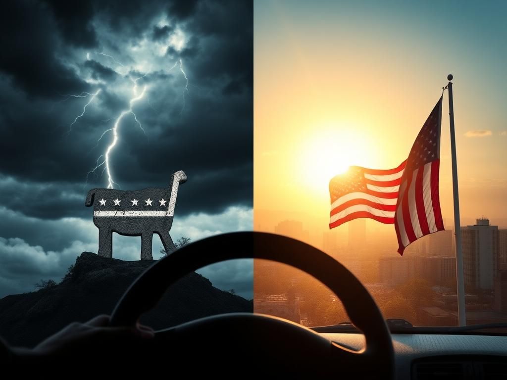 Flick International A split image showing a stormy sky over a dilapidated Democratic Party symbol on the left and a bright sunrise over a cityscape with a waving American flag on the right, representing contrasting political sentiments.