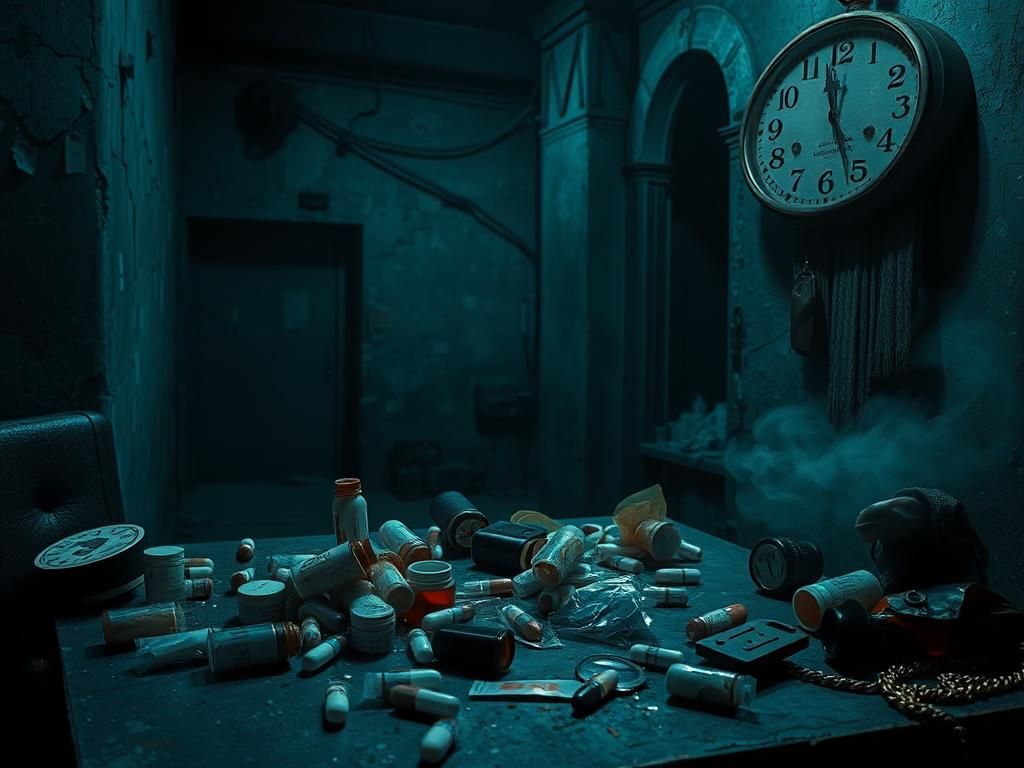 Flick International Dimly lit urban setting with abandoned building and drug paraphernalia